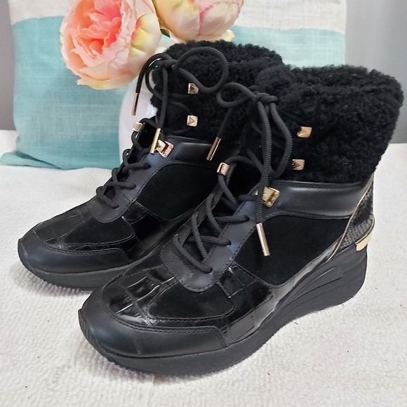 Michael Kors black leather suede wedge high top sneakers lace up gold trim - Picture 6 of 11